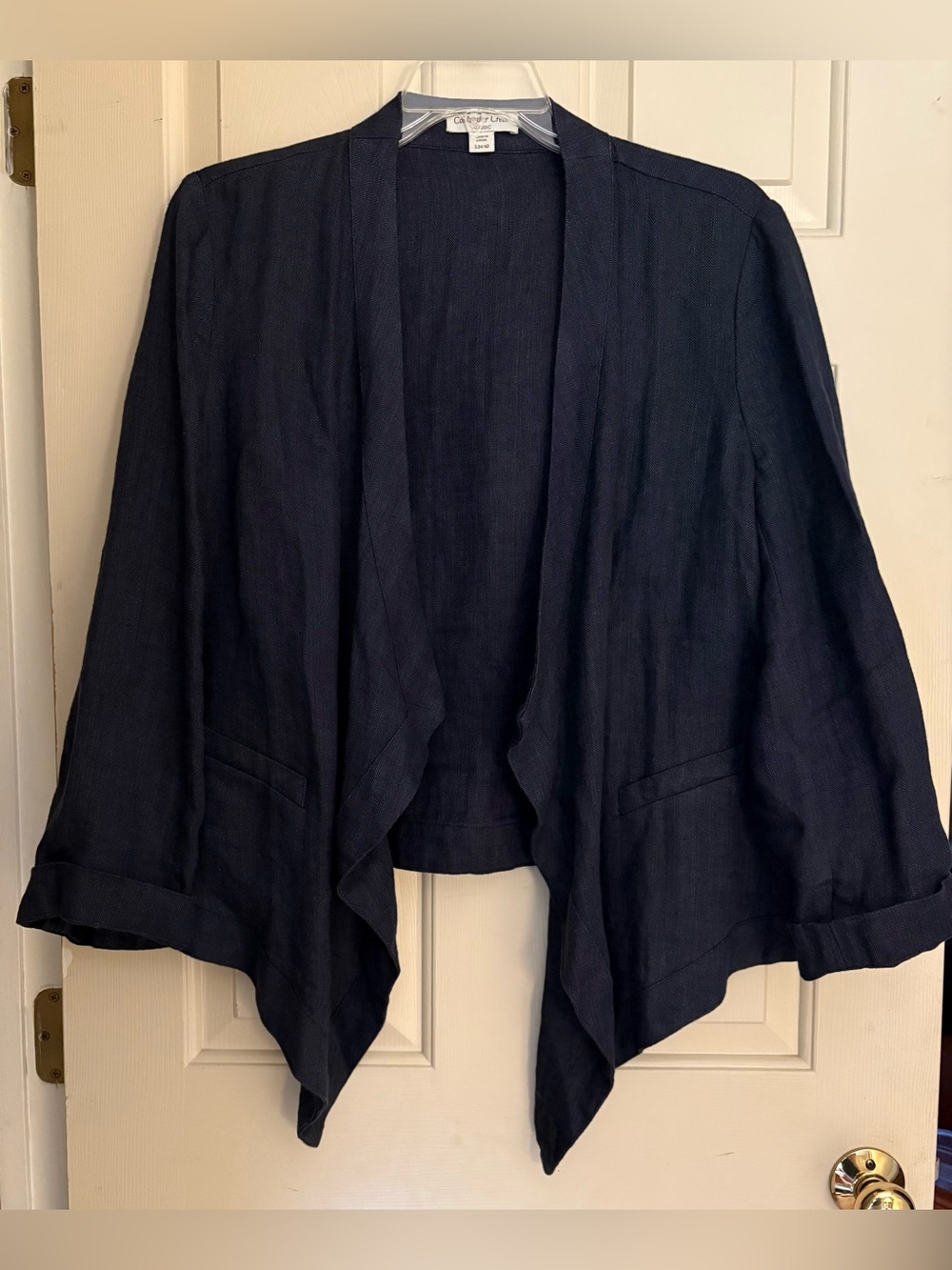 Coldwater Creek Dark Navy Open Front Linen Draped Jacket Size Large 14-16